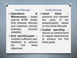 Asset Manager Facility Manager
O Operations &
Maintenance – target
optimal MTBF (mean
time between failures)
and maximise primary
business process
reliability;
O End user/Occupier –
maintain sufficient user
feedback to achieve
the first three
objectives
O Asset Value –
preserve and maintain
the value of the
asset/property based
on the whole lifecycle:
O Capital spending –
secure an optimal level
of capital expenditures
to achieve the first
three goals.
 