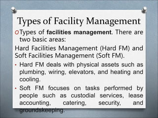 Types of Facility Management
OTypes of facilities management. There are
two basic areas:
Hard Facilities Management (Hard FM) and
Soft Facilities Management (Soft FM).
• Hard FM deals with physical assets such as
plumbing, wiring, elevators, and heating and
cooling.
• Soft FM focuses on tasks performed by
people such as custodial services, lease
accounting, catering, security, and
groundskeeping.
 
