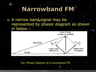    A narrow band signal may be
    represented by phasor diagram as shown
    in below –




        Fig: Phasor diagram of a narrowband FM
 