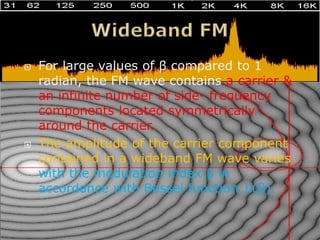    For large values of β compared to 1
    radian, the FM wave contains a carrier &
    an infinite number of side- frequency
    components located symmetrically
    around the carrier.
   The amplitude of the carrier component
    contained in a wideband FM wave varies
    with the modulation index β in
    accordance with Bessel function Јn(β).
 