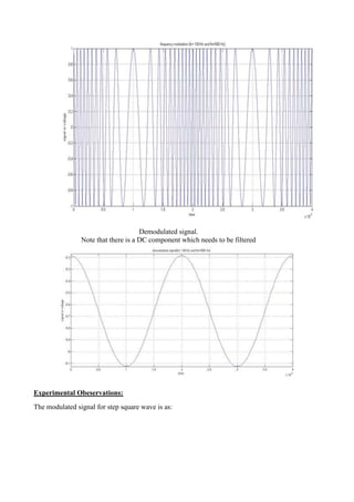 Demodulated signal.
Note that there is a DC component which needs to be filtered
Experimental Obeservations:
The modulated signal for step square wave is as:
 
