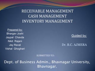 Prepared by:
Bhargav Joshi
Jaypal Chavda
Nikit Rajani
Jay Raval
Vishal Ghoghari
Dept. of Business Admin., Bhavnagar University,
Bhavnagar.
Guided by:
Dr. B.C. AJMERA
SUBMITTED TO:
RECEIVABLE MANAGEMENT
CASH MANAGEMENT
INVENTORY MANAGEMENT
 