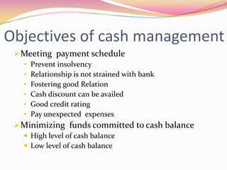 Objectives of cash management
Meeting payment schedule
• Prevent insolvency
• Relationship is not strained with bank
• Fostering good Relation
• Cash discount can be availed
• Good credit rating
• Pay unexpected expenses
Minimizing funds committed to cash balance
 High level of cash balance
 Low level of cash balance
 