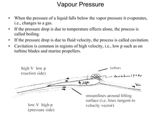 Vapour Pressure When the pressure of a liquid falls below the vapor pressure it evaporates, i.e., changes to a gas.  If the pressure drop is due to temperature effects alone, the process is called boiling.  If the pressure drop is due to fluid velocity, the process is called cavitation.  Cavitation is common in regions of high velocity, i.e., low p such as on turbine blades and marine propellers. 