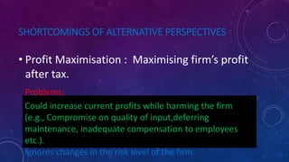 SHORTCOMINGS OF ALTERNATIVE PERSPECTIVES
• Profit Maximisation : Maximising firm’s profit
after tax.
Problems:
Could increase current profits while harming the firm
(e.g., Compromise on quality of input,deferring
maintenance, inadequate compensation to employees
etc.).
Ignores changes in the risk level of the firm.
 