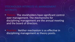STOCKHOLDER INTERESTS VS. MANAGEMENT
INTERESTS
• Theory: The stockholders have significant control
over management. The mechanisms for
disciplining management are the annual meeting
and the board of directors.
• Practice: Neither mechanism is as effective in
disciplining management as theory posits.
 