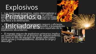 Explosivos
Primarios o
Iniciadores
• Los explosivos primarios, como detonadores y
boosters, son altamente sensibles y se utilizan
para iniciar la detonación en una secuencia explosiva.
Su función principal es iniciar la reacción en cadena
que lleva a la detonación.
• Para asegurar un abastecimiento seguro y eficiente,
es fundamental adquirir estos explosivos a proveedores
certificados y almacenarlos de manera separada de los
explosivos secundarios.
• El manejo seguro de explosivos primarios implica
un control riguroso en el proceso de abastecimiento,
así como el uso de equipos de apoyo adecuados,
como grúas y manipuladores, durante la carga y
descarga.
 