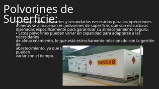 Polvorines de
Superficie:
• Los explosivos primarios y secundarios necesarios para las operaciones
mineras se almacenan en polvorines de superficie, que son estructuras
diseñadas específicamente para garantizar su almacenamiento seguro.
• Estos polvorines pueden variar en capacidad para adaptarse a las
necesidades
de almacenamiento, lo que está estrechamente relacionado con la gestión
de
abastecimiento, ya que la cantidad y tipos de explosivos necesarios
pueden
variar con el tiempo.
 