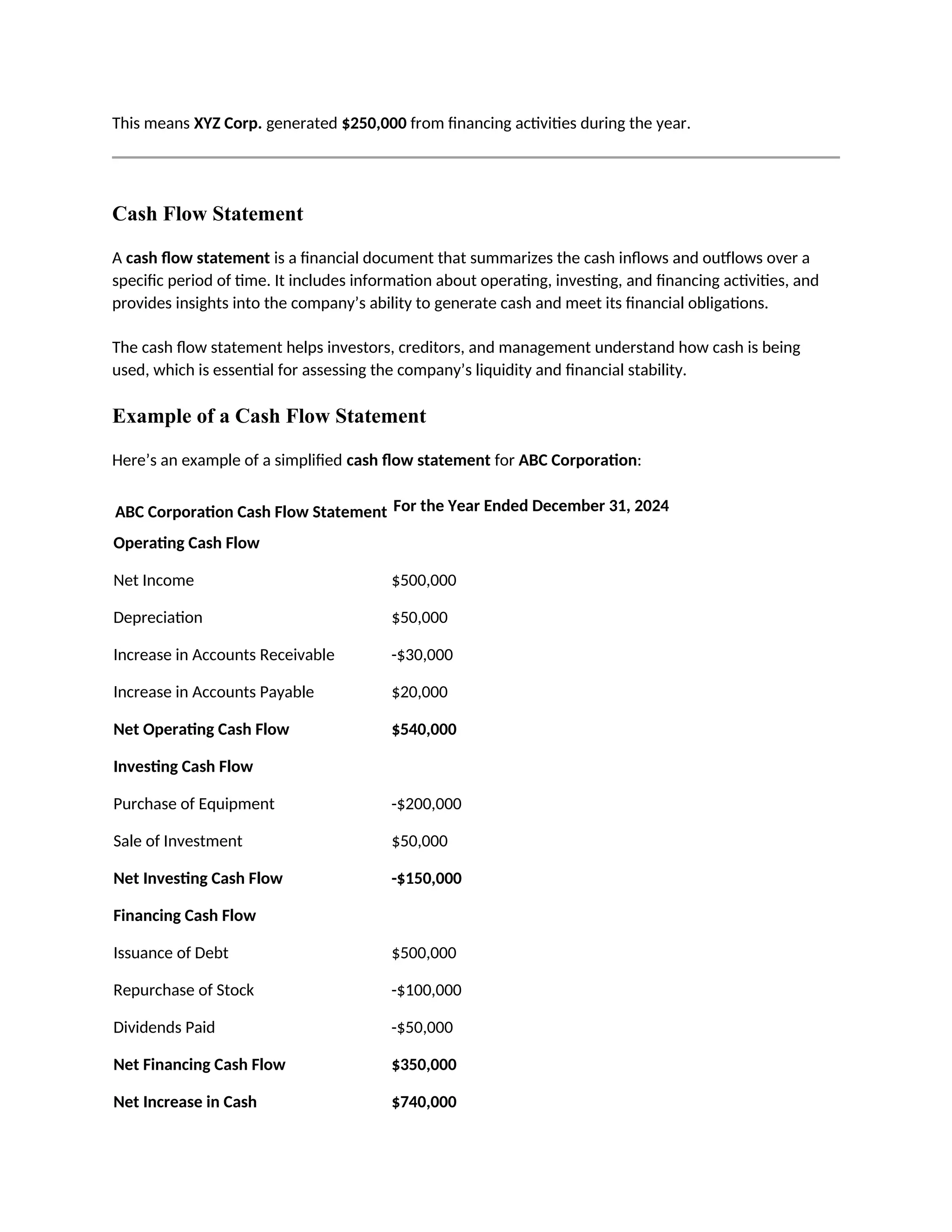 This means XYZ Corp. generated $250,000 from financing activities during the year.
Cash Flow Statement
A cash flow statement is a financial document that summarizes the cash inflows and outflows over a
specific period of time. It includes information about operating, investing, and financing activities, and
provides insights into the company’s ability to generate cash and meet its financial obligations.
The cash flow statement helps investors, creditors, and management understand how cash is being
used, which is essential for assessing the company’s liquidity and financial stability.
Example of a Cash Flow Statement
Here’s an example of a simplified cash flow statement for ABC Corporation:
ABC Corporation Cash Flow Statement For the Year Ended December 31, 2024
Operating Cash Flow
Net Income $500,000
Depreciation $50,000
Increase in Accounts Receivable -$30,000
Increase in Accounts Payable $20,000
Net Operating Cash Flow $540,000
Investing Cash Flow
Purchase of Equipment -$200,000
Sale of Investment $50,000
Net Investing Cash Flow -$150,000
Financing Cash Flow
Issuance of Debt $500,000
Repurchase of Stock -$100,000
Dividends Paid -$50,000
Net Financing Cash Flow $350,000
Net Increase in Cash $740,000
 