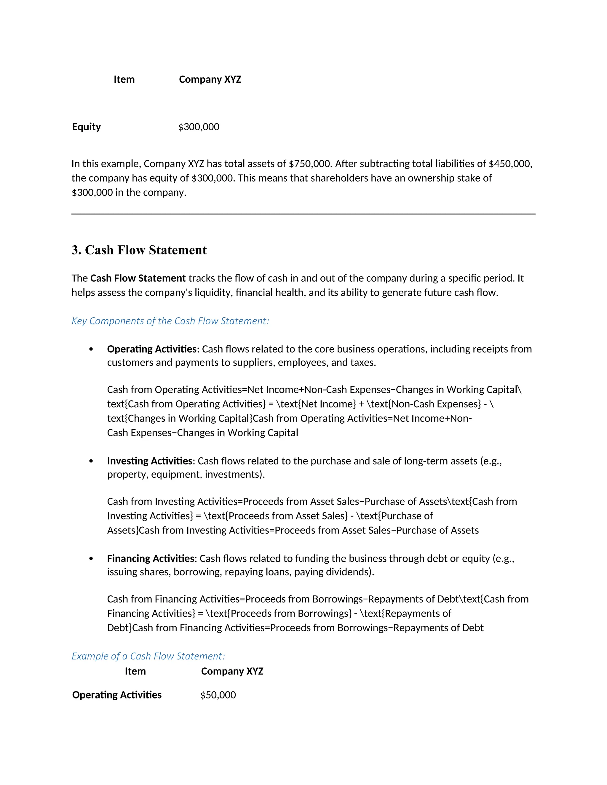 Item Company XYZ
Equity $300,000
In this example, Company XYZ has total assets of $750,000. After subtracting total liabilities of $450,000,
the company has equity of $300,000. This means that shareholders have an ownership stake of
$300,000 in the company.
3. Cash Flow Statement
The Cash Flow Statement tracks the flow of cash in and out of the company during a specific period. It
helps assess the company's liquidity, financial health, and its ability to generate future cash flow.
Key Components of the Cash Flow Statement:
 Operating Activities: Cash flows related to the core business operations, including receipts from
customers and payments to suppliers, employees, and taxes.
Cash from Operating Activities=Net Income+Non-Cash Expenses−Changes in Working Capital
text{Cash from Operating Activities} = text{Net Income} + text{Non-Cash Expenses} - 
text{Changes in Working Capital}Cash from Operating Activities=Net Income+Non-
Cash Expenses−Changes in Working Capital
 Investing Activities: Cash flows related to the purchase and sale of long-term assets (e.g.,
property, equipment, investments).
Cash from Investing Activities=Proceeds from Asset Sales−Purchase of Assetstext{Cash from
Investing Activities} = text{Proceeds from Asset Sales} - text{Purchase of
Assets}Cash from Investing Activities=Proceeds from Asset Sales−Purchase of Assets
 Financing Activities: Cash flows related to funding the business through debt or equity (e.g.,
issuing shares, borrowing, repaying loans, paying dividends).
Cash from Financing Activities=Proceeds from Borrowings−Repayments of Debttext{Cash from
Financing Activities} = text{Proceeds from Borrowings} - text{Repayments of
Debt}Cash from Financing Activities=Proceeds from Borrowings−Repayments of Debt
Example of a Cash Flow Statement:
Item Company XYZ
Operating Activities $50,000
 