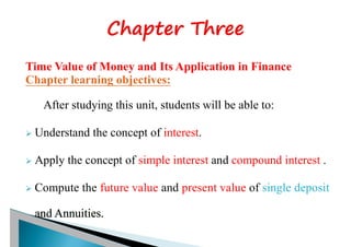 Time Value of Money and Its Application in Finance
Chapter learning objectives:
After studying this unit, students will be able to:
Ø Understand the concept of interest.
Ø Apply the concept of simple interest and compound interest .
Ø Compute the future value and present value of single deposit
and Annuities.
 