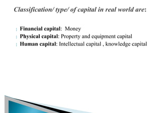  Financial capital: Money
 Physical capital: Property and equipment capital
 Human capital: Intellectual capital , knowledge capital
 