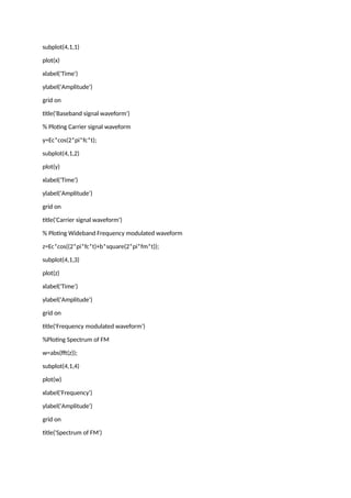 subplot(4,1,1)
plot(x)
xlabel('Time')
ylabel('Amplitude')
grid on
title('Baseband signal waveform')
% Ploting Carrier signal waveform
y=Ec*cos(2*pi*fc*t);
subplot(4,1,2)
plot(y)
xlabel('Time')
ylabel('Amplitude')
grid on
title('Carrier signal waveform')
% Ploting Wideband Frequency modulated waveform
z=Ec*cos((2*pi*fc*t)+b*square(2*pi*fm*t));
subplot(4,1,3)
plot(z)
xlabel('Time')
ylabel('Amplitude')
grid on
title('Frequency modulated waveform')
%Ploting Spectrum of FM
w=abs(fft(z));
subplot(4,1,4)
plot(w)
xlabel('Frequency')
ylabel('Amplitude')
grid on
title('Spectrum of FM')
 