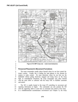 FM 3-20.971 (2d Coord Draft)
2-76
1
Figure 2-19. BRT troop vee - route reconnaissance.2
3
4
Personnel Placement in Movement Formations5
The troop commander usually places himself where he can best control the6
troop’s actions. Usually this is trailing the lead platoon or the element he7
expects to make contact. He must determine where he can best see the8
battlefield without getting decisively engaged and losing focus on the troop9
fight. In nontraditional formations, the troop commander may place himself10
with the main effort or collocate with the troop TOC to facilitate command11
and control.12
The XO is usually located at the troop CP controlling its movement and13
reporting information to higher. The commander can also position the XO14
with the supporting effort to assist him in command and control of the troop.15
In a multidimensional reconnaissance environment (see Chapter 3), the troop16
 