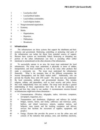FM 3-20.971 (2d Coord Draft)
3-7
- Local police chief.1
- Local political leaders.2
- Local military commanders.3
- Local religious leaders.4
• Nongovernmental organization.5
• Economy.6
• Media.7
- Organizations.8
- Reporters.9
- Publications.10
- Broadcasts.11
Infrastructure12
The infrastructures are those systems that support the inhabitants and their13
economy and government. Destroying, controlling, or protecting vital parts of14
the infrastructure can isolate the threat from potential sources of support.15
Because these systems are inextricably linked, destroying or disrupting any16
portion of the urban infrastructure can have a cascading effect (either17
intentional or unintentional) on the other elements of the infrastructure.18
To successfully operate in an area, the troop must understand the local19
infrastructure. The troop must understand it physically in terms of utilities,20
transportation, and food availability as well as the many other products that21
make a community run. The troop must understand the infrastructure22
financially. What is the monetary base of the different communities, the23
income demographics, and the black market trade? Additionally, who can24
provide the friendly force with CSS needs? The troop must also understand25
the local community, political, and governmental structure. This includes26
religious, military, and paramilitary, such as local security and police forces27
that work independently from one another. The troop must develop a general28
understanding of these organizations—how they fit into the community at29
large and how they relate to one another. A reconnaissance mission focused30
on infrastructure might look at these dimensions—31
• Communications. (Wireless, telegraphs, radios, television, computers,32
newspapers, magazines, etc.)33
• Transportation and distribution. (Highways and railways [to include34
bridges, tunnels, ferries, and fords]; cableways and tramways; ports,35
harbors, and inland waterways; airports, seaplane stations, and36
heliports; mass transit; and the trucking companies and delivery37
services that facilitate the movement of supplies, equipment, and38
people.)39
• Energy. (System that provides the power to run the urban area and40
consists of the industries that produce, store, and distribute electricity,41
 