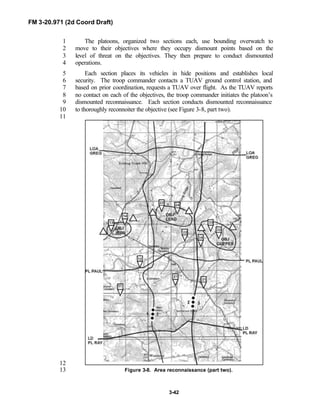 FM 3-20.971 (2d Coord Draft)
3-42
The platoons, organized two sections each, use bounding overwatch to1
move to their objectives where they occupy dismount points based on the2
level of threat on the objectives. They then prepare to conduct dismounted3
operations.4
Each section places its vehicles in hide positions and establishes local5
security. The troop commander contacts a TUAV ground control station, and6
based on prior coordination, requests a TUAV over flight. As the TUAV reports7
no contact on each of the objectives, the troop commander initiates the platoon’s8
dismounted reconnaissance. Each section conducts dismounted reconnaissance9
to thoroughly reconnoiter the objective (see Figure 3-8, part two).10
11
12
Figure 3-8. Area reconnaissance (part two).13
 