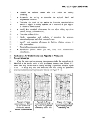 FM 3-20.971 (2d Coord Draft)
3-45
• Establish and maintain contact with local civilian and military1
leadership.2
• Reconnoiter the society to determine the regional, local, and3
neighborhood situations.4
• Determine the needs of the society to determine operation/actions5
needed to support a friendly populace, or to neutralize or gain support6
of a hostile or neutral faction.7
• Identify key municipal infrastructure that can affect military operations8
(utilities, sewage, communications).9
• Determine media activities.10
• Clarify organizations and methods of operation for terrorists,11
transnational groups, and ethnic centers of power.12
• Identify local populous allegiances to factions, religious groups, or13
other organizations.14
• Report all reconnaissance information.15
• Reconnoiter specific terrain (see area, zone, route reconnaissance16
critical tasks).17
Techniques for Multidimensional Aspects of Area/Zone18
Reconnaissance19
When the troop receives area/zone reconnaissance tasks, the assigned area is20
identified as the terrain inside a solid, continuous boundary (see Figure 3-9).21
Phase lines may also be used to identify the troop’s operational area (see Figure22
3-10). The troop may have unit boundaries that also identify its operational23
area in a multidimensional reconnaissance mission (see Figure 3-11).24
25
Figure 3-9. Troop
reconnaissance defined
by one continuous
boundary; platoon
defined by boundaries.
Figure 3-10. Troop
reconnaissance defined
by phase line; platoon
defined by phase line.
Figure 3-11. Troop
reconnaissance defined
by boundary; platoon
defined by NAI.
26
 