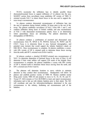 FM 3-20.971 (2d Coord Draft)
3-49
TUAVs reconnoiter the infiltration lane to identify possible threat1
dismounted/mounted forces to support infiltration of 1st platoon into the area.2
MASINT section from surveillance troop establishes OP vicinity of TIRS 313
oriented towards NAI 2 to detect threat forces in the area and to support the4
reece troop’s reconnaissance.5
1st platoon conducts dismounted reconnaissance of infiltration lane into6
the area of operations during limited visibility 24 hours prior to the rest of the7
troop. The platoon establishes surveillance of NAI 2 from OPs 1 and 2, and8
conducts infiltration during hours of limited visibility and area reconnaissance9
of NAI 2 with dismounted reconnaissance patrols; focus is on determining10
where paramilitary forces are defending. The platoon determines the11
demographics of OBJ BULL.12
2d platoon conducts a combination of mounted and dismounted zone13
reconnaissance from PL SPUR to PL PISTOL between PL PONY and PL14
COLT. Focus is to determine threat in area, factional demographics, and15
potential route (terrain) that would support the infantry battalion’s attack on16
OBJ BULL. Once reconnaissance is complete, 2d platoon establishes a screen17
with OPs vicinity of OP 6, oriented north to determine threat forces moving18
from the north, and OP 5, oriented west (NAIs 4 and 6).19
3d platoon conducts a detailed HUMINT-oriented area reconnaissance of20
NAI 1 to determine disposition of factional forces in the town of Dyer. It will21
determine if their water utilities will support CSS needs of the brigade. Once22
reconnaissance is complete, the platoon establishes a screen with OPs vicinity23
of OP 4, oriented north to determine threat forces moving from the north, and24
OP 3, oriented east (NAIs 4 and 6).25
The platoons will determine locations to move vehicles to minimize26
detection as they conduct their reconnaissance. Headquarters will follow 3d27
platoon and establish position vicinity of TIRS 50. Mortars establish mortar28
firing point vicinity TIRS 60 and prepare to move to 41, 43, 45, 50, and 53.29
Troop CP (XO) remains at TAA BUFORD to track and report reconnaissance30
information and to link up with infantry battalion prior to their attack. The XO31
will coordinate and pass the information/intelligence determined in the area32
reconnaissance to the infantry, facilitating our reconnaissance pull of the33
battalion.34
35
 