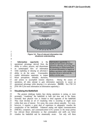 FM 3-20.971 (2d Coord Draft)
1-13
Information superiority is a
significant information advantage
gained by collecting, processing, and
disseminating an uninterrupted flow
of relevant information in support of
military operations while exploiting or
denying a threat or adversary the
ability to do the same.
1
Figure 1-6. Flow of relevant information into2
situational understanding.3
4
Information superiority is the5
operational advantage derived from the6
ability to collect, process, and disseminate7
an uninterrupted flow of information8
while exploiting or denying an adversary’s9
ability to do the same. Commanders10
exploit information superiority to impact11
threat perceptions, attitudes, decisions,12
and actions to accomplish mission objectives. During the course of13
operations, all sides attempt to gain information superiority to secure an14
operational advantage while denying it to adversaries. (NOTE: See FM 3-015
[FM 100-5] for more information on information superiority.)16
17
Visualizing the Battlefield18
The greatest challenge leaders face during operations is seeing, or more19
accurately, “visualizing” the battlefield in both real time and in the future.20
Normally their physical view is limited to brief segments of the battlefield.21
They must develop an art of visualizing what is occurring or might occur22
within their area of interest. For some, this comes almost naturally. For most,23
however, it requires a great deal of experience to adequately visualize the24
complexities of the battlefield. Enhanced analog and digital communications25
(FBCB2), computers, and command/control (C4) systems in the troop portray26
key relevant threat information so that commanders and staffs can better27
visualize the battlefield and be situationally aware. Not only will these28
 