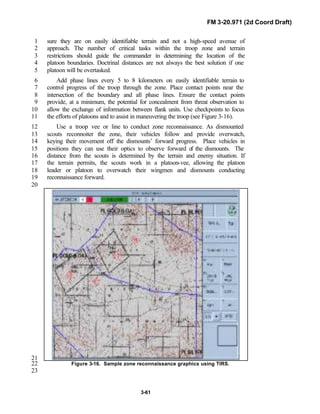 FM 3-20.971 (2d Coord Draft)
3-61
sure they are on easily identifiable terrain and not a high-speed avenue of1
approach. The number of critical tasks within the troop zone and terrain2
restrictions should guide the commander in determining the location of the3
platoon boundaries. Doctrinal distances are not always the best solution if one4
platoon will be overtasked.5
Add phase lines every 5 to 8 kilometers on easily identifiable terrain to6
control progress of the troop through the zone. Place contact points near the7
intersection of the boundary and all phase lines. Ensure the contact points8
provide, at a minimum, the potential for concealment from threat observation to9
allow the exchange of information between flank units. Use checkpoints to focus10
the efforts of platoons and to assist in maneuvering the troop (see Figure 3-16).11
Use a troop vee or line to conduct zone reconnaissance. As dismounted12
scouts reconnoiter the zone, their vehicles follow and provide overwatch,13
keying their movement off the dismounts’ forward progress. Place vehicles in14
positions they can use their optics to observe forward of the dismounts. The15
distance from the scouts is determined by the terrain and enemy situation. If16
the terrain permits, the scouts work in a platoon-vee, allowing the platoon17
leader or platoon to overwatch their wingmen and dismounts conducting18
reconnaissance forward.19
20
21
Figure 3-16. Sample zone reconnaissance graphics using TIRS.22
23
 