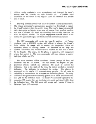 FM 3-20.971 (2d Coord Draft)
3-63
division cavalry conducted a zone reconnaissance and destroyed the threat’s1
security zone and identified the main defensive belt. It provided initial2
information on the terrain in the brigade’s zone and identified two possible3
axes of attack.4
5
The troop commander has been tasked to conduct a zone reconnaissance.6
The brigade commander’s reconnaissance guidance was formulated to support7
the brigade’s attack within the next 24 hours. The troop’s focus is to establish8
early observation on brigade target areas of interest (TAI), confirm battalion-9
size axes of advance, and locate any remaining threat security posts that can10
affect the brigade’s mission. The troop’s engagement criteria allow it to use11
indirect fire against up to squad-size threat dismounts and stationary vehicles.12
13
The BRT commander will employ the troop by echelon. 1st Platoon,14
reinforced with a STRIKER section, will infiltrate to observe the brigade’s15
TAIs. Initially, the tempo will be stealthy; the engagement criteria are16
necessarily limited to avoiding contact. The remainder of the troop will17
conduct a traditional zone reconnaissance to ascertain the best axis of attack18
for the brigade. The tempo, for this phase, is aggressive, with engagement19
criteria that support it. The troop commander will mass platoons to destroy20
individual vehicles and OPs.21
22
The troop executive officer coordinates forward passage of lines and23
infiltration lane for 1st Platoon. He also ensures the brigade has pre-24
positioned artillery support and additional ISR assets to support the25
infiltration. Due to the depth of the zone, the platoon conducts a mounted26
infiltration. The infiltration is conducted by section. The platoon is27
augmented by the troop’s 31U, communications specialist. He will assist in28
establishing a retransmission site to support the infiltrating platoon. The troop29
commander has positioned the remaining platoon in an attack position to serve30
as a QRF for the infiltration phase. The troop CP is constantly updated by the31
supporting ISR assets; they are monitoring movement and signal traffic along32
the infiltration lane. The ISR assets will provide early warning if threat is33
likely (see Figure 3-17, part one).34
 