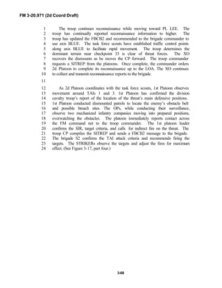 FM 3-20.971 (2d Coord Draft)
3-68
The troop continues reconnaissance while moving toward PL LEE. The1
troop has continually reported reconnaissance information to higher. The2
troop has updated the FBCB2 and recommended to the brigade commander to3
use axis BLUE. The task force scouts have established traffic control points4
along axis BLUE to facilitate rapid movement. The troop determines the5
dominant terrain near checkpoint 33 is clear of threat forces. The XO6
recovers the dismounts as he moves the CP forward. The troop commander7
requests a SITREP from the platoons. Once complete, the commander orders8
2d Platoon to complete its reconnaissance up to the LOA. The XO continues9
to collect and transmit reconnaissance reports to the brigade.10
11
As 2d Platoon coordinates with the task force scouts, 1st Platoon observes12
movement around TAIs 1 and 3. 1st Platoon has confirmed the division13
cavalry troop’s report of the location of the threat’s main defensive positions.14
1st Platoon conducted dismounted patrols to locate the enemy’s obstacle belt15
and possible breach sites. The OPs, while conducting their surveillance,16
observe two mechanized infantry companies moving into prepared positions,17
overwatching the obstacles. The platoon immediately reports contact across18
the FM command net to the troop commander. The 1st platoon leader19
confirms the SIR, target criteria, and calls for indirect fire on the threat. The20
troop CP compiles the SITREP and sends a FBCB2 message to the brigade.21
The brigade S2 confirms the TAI attack criteria and recommends firing the22
targets. The STRIKERs observe the targets and adjust the fires for maximum23
effect. (See Figure 3-17, part four.)24
 
