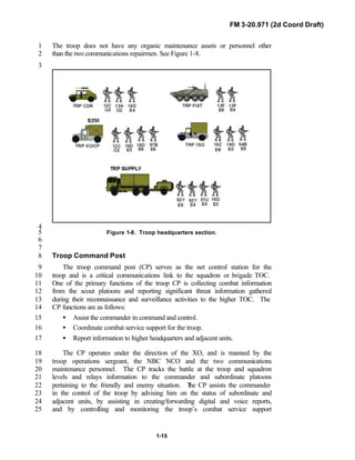 FM 3-20.971 (2d Coord Draft)
1-15
The troop does not have any organic maintenance assets or personnel other1
than the two communications repairmen. See Figure 1-8.2
3
4
Figure 1-8. Troop headquarters section.5
6
7
Troop Command Post8
The troop command post (CP) serves as the net control station for the9
troop and is a critical communications link to the squadron or brigade TOC.10
One of the primary functions of the troop CP is collecting combat information11
from the scout platoons and reporting significant threat information gathered12
during their reconnaissance and surveillance activities to the higher TOC. The13
CP functions are as follows:14
• Assist the commander in command and control.15
• Coordinate combat service support for the troop.16
• Report information to higher headquarters and adjacent units.17
The CP operates under the direction of the XO, and is manned by the18
troop operations sergeant, the NBC NCO and the two communications19
maintenance personnel. The CP tracks the battle at the troop and squadron20
levels and relays information to the commander and subordinate platoons21
pertaining to the friendly and enemy situation. The CP assists the commander22
in the control of the troop by advising him on the status of subordinate and23
adjacent units, by assisting in creating/forwarding digital and voice reports,24
and by controlling and monitoring the troop’s combat service support25
 