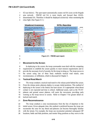 FM 3-20.971 (2d Coord Draft)
4-16
S2 (see below). The spot report automatically creates red SA icons on the brigade1
area network. FBCB2 red SA is more timely and focused than ASAS-2
disseminated SA. Therefore it should be displayed exclusively when monitoring the3
close fight. (See Figure 4-1.)4
Figure 4-1. FBCB2 spot report.5
6
Movement to the Screen7
In deploying to the screen, the troop commander must deal with the competing8
requirements to establish the screen quickly to meet mission requirements and to9
provide the necessary level of security for the troop in doing so. The troop moves to10
the screen using one of three basic methods—tactical road march, zone11
reconnaissance, or infiltration, which is discussed in Chapter 3.12
Tactical Road March13
The troop conducts a tactical road march to the release point behind the screen.14
From the release point, platoons deploy to occupy initial positions. This method of15
deploying to the screen is the fastest, but least secure. It is appropriate when threat16
contact is not expected and time is critical. Additional assets, such as the TUAV17
platoon and ground sensor platoon, will assist the movement, providing early18
warning as the troop moves to screen. Refer to Chapter 5 for greater detail on19
tactical road march.20
Zone Reconnaissance21
The troop conducts a zone reconnaissance from the line of departure to the22
initial screen. Given adequate time, this method is preferred because the troop can23
reconnoiter the zone for any threat and platoons can become thoroughly familiar24
with the terrain. For example, the troop can reconnoiter potential subsequent OP25
locations, battle and hide positions, and mortar firing positions as they move to the26
 