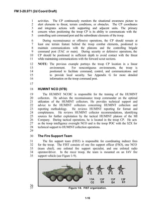 FM 3-20.971 (2d Coord Draft)
1-16
activities. The CP continuously monitors the situational awareness picture to1
alert elements to threat, terrain conditions, or obstacles. The CP coordinates2
and integrates actions with supporting and adjacent units. The primary3
concern when positioning the troop CP is its ability to communicate with the4
controlling unit command post and the subordinate elements of the troop.5
During reconnaissance or offensive operations, the CP should remain at6
least one terrain feature behind the troop combat elements, positioned to7
maintain communications with the platoons and the controlling brigade8
command post (TAC or main). During security or defensive operations, the9
CP should be positioned in sufficient depth to avoid contact with the threat10
while maintaining communications with the forward scout sections.11
NOTE: The previous example portrays the troop CP location in a linear12
environment. For noncontiguous environments, the troop is13
positioned to facilitate command, control, and communications and14
to provide local security. See Appendix G for more detailed15
information on the troop command post.16
17
HUMINT NCO (97B)18
The HUMINT NCOIC is responsible for the training of the HUMINT19
collectors. He advises the reconnaissance troop commander on the optimal20
utilization of the HUMINT collectors. He provides technical support and21
advice to the HUMINT collectors concerning HUMINT collection and22
reporting methodology. He reviews HUMINT reporting for format and23
completeness. He reviews HUMINT collector recommendations, identifying24
sources for further exploitation by the tactical HUMINT platoon of the MI25
Company. During tactical operations, he is located in the troop CP. He acts26
as the troop intelligence oversight NCO and is the troop POC with the S2X for27
technical support to HUMINT collection operations.28
29
The Fire Support Team30
The fire support team (FIST) is responsible for coordinating indirect fires31
for the troop. The FIST consists of one fire support officer (FSO), one NCO32
(team chief), one enlisted fire support specialist, and one enlisted radio33
operator/driver. In the recce troop, the team is mounted on an IAV fire34
support vehicle (see Figure 1-9).35
36
Figure 1-9. FIST organization.37
 