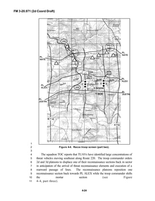 FM 3-20.971 (2d Coord Draft)
4-24
1
Figure 4-4. Recce troop screen (part two).2
3
The squadron TOC reports that TUAVs have identified large concentrations of4
threat vehicles moving southeast along Route 220. The troop commander orders5
2d and 3d platoons to displace one of their reconnaissance sections back in sector6
in anticipation of the arrival of threat reconnaissance elements and execution of a7
rearward passage of lines. The reconnaissance platoons reposition one8
reconnaissance section back towards PL ALEX while the troop commander shifts9
the mortar section (see Figure10
4-4, part three).11
 