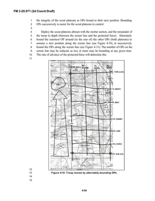 FM 3-20.971 (2d Coord Draft)
4-34
the integrity of the scout platoons as OPs bound to their next position. Bounding1
OPs successively is easier for the scout platoons to control.2
3
Deploy the scout platoons abreast with the mortar section, and the remainder of4
the troop in depth (between the screen line and the protected force). Alternately5
bound the rearmost OP around (to the rear of) the other OPs (both platoons) to6
assume a new position along the screen line (see Figure 4-10), or successively7
bound the OPs along the screen line (see Figure 4-11). The number of OPs on the8
screen line may be reduced, as two or more may be bounding at any given time.9
The rate of advance of the protected force will determine this.10
11
12
Figure 4-10. Troop moves by alternately bounding OPs.13
14
15
 