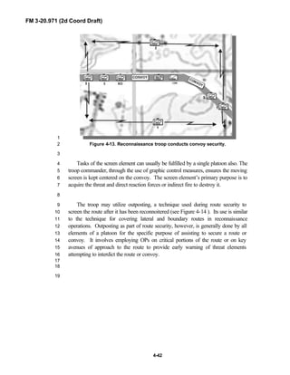 FM 3-20.971 (2d Coord Draft)
4-42
1
Figure 4-13. Reconnaissance troop conducts convoy security.2
3
Tasks of the screen element can usually be fulfilled by a single platoon also. The4
troop commander, through the use of graphic control measures, ensures the moving5
screen is kept centered on the convoy. The screen element’s primary purpose is to6
acquire the threat and direct reaction forces or indirect fire to destroy it.7
8
The troop may utilize outposting, a technique used during route security to9
screen the route after it has been reconnoitered (see Figure 4-14 ). Its use is similar10
to the technique for covering lateral and boundary routes in reconnaissance11
operations. Outposting as part of route security, however, is generally done by all12
elements of a platoon for the specific purpose of assisting to secure a route or13
convoy. It involves employing OPs on critical portions of the route or on key14
avenues of approach to the route to provide early warning of threat elements15
attempting to interdict the route or convoy.16
17
18
19
 