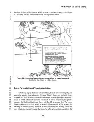 FM 3-20.971 (2d Coord Draft)
5-7
distribute the fires of his elements, which are now focused on the same point. Figure1
5-2 illustrates how the commander masses fires against the threat.2
3
4
5
Figure 5-2. Example of determining where and how to mass (focus and6
distribute) fire effects to kill the threat.7
8
9
Orient Forces to Speed Target Acquisition10
11
To effectively engage the threat with direct fires, friendly forces must rapidly and12
accurately acquire threat elements. Orienting friendly forces on probable threat13
locations and likely avenues of approach will speed target acquisition. Conversely,14
failure to orient subordinate elements will result in slower acquisition; this greatly15
increases the likelihood that threat forces will be able to engage first. The clock16
direction orientation method, which is prescribed in most unit SOPs, is good for17
achieving all-around security; however, it does not ensure that friendly forces are18
most effectively oriented to detect the threat. To achieve this critical orientation, the19
 