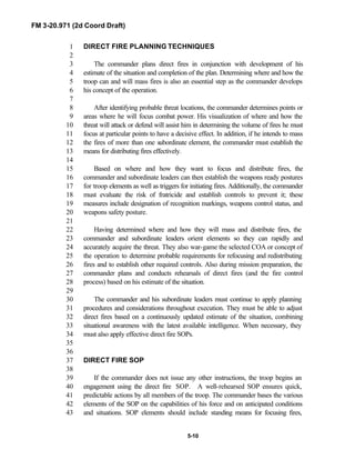 FM 3-20.971 (2d Coord Draft)
5-10
DIRECT FIRE PLANNING TECHNIQUES1
2
The commander plans direct fires in conjunction with development of his3
estimate of the situation and completion of the plan. Determining where and how the4
troop can and will mass fires is also an essential step as the commander develops5
his concept of the operation.6
7
After identifying probable threat locations, the commander determines points or8
areas where he will focus combat power. His visualization of where and how the9
threat will attack or defend will assist him in determining the volume of fires he must10
focus at particular points to have a decisive effect. In addition, if he intends to mass11
the fires of more than one subordinate element, the commander must establish the12
means for distributing fires effectively.13
14
Based on where and how they want to focus and distribute fires, the15
commander and subordinate leaders can then establish the weapons ready postures16
for troop elements as well as triggers for initiating fires. Additionally, the commander17
must evaluate the risk of fratricide and establish controls to prevent it; these18
measures include designation of recognition markings, weapons control status, and19
weapons safety posture.20
21
Having determined where and how they will mass and distribute fires, the22
commander and subordinate leaders orient elements so they can rapidly and23
accurately acquire the threat. They also war-game the selected COA or concept of24
the operation to determine probable requirements for refocusing and redistributing25
fires and to establish other required controls. Also during mission preparation, the26
commander plans and conducts rehearsals of direct fires (and the fire control27
process) based on his estimate of the situation.28
29
The commander and his subordinate leaders must continue to apply planning30
procedures and considerations throughout execution. They must be able to adjust31
direct fires based on a continuously updated estimate of the situation, combining32
situational awareness with the latest available intelligence. When necessary, they33
must also apply effective direct fire SOPs.34
35
36
DIRECT FIRE SOP37
38
If the commander does not issue any other instructions, the troop begins an39
engagement using the direct fire SOP. A well-rehearsed SOP ensures quick,40
predictable actions by all members of the troop. The commander bases the various41
elements of the SOP on the capabilities of his force and on anticipated conditions42
and situations. SOP elements should include standing means for focusing fires,43
 