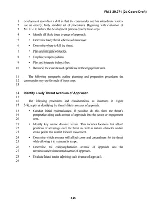 FM 3-20.971 (2d Coord Draft)
5-25
development resembles a drill in that the commander and his subordinate leaders1
use an orderly, fairly standard set of procedures. Beginning with evaluation of2
METT-TC factors, the development process covers these steps:3
• Identify all likely threat avenues of approach.4
• Determine likely threat schemes of maneuver.5
• Determine where to kill the threat.6
• Plan and integrate obstacles.7
• Emplace weapon systems.8
• Plan and integrate indirect fires.9
• Rehearse the execution of operations in the engagement area.10
The following paragraphs outline planning and preparation procedures the11
commander may use for each of these steps.12
13
Identify Likely Threat Avenues of Approach14
15
The following procedures and considerations, as illustrated in Figure16
5-9), apply in identifying the threat’s likely avenues of approach:17
• Conduct initial reconnaissance. If possible, do this from the threat’s18
perspective along each avenue of approach into the sector or engagement19
area.20
• Identify key and/or decisive terrain. This includes locations that afford21
positions of advantage over the threat as well as natural obstacles and/or22
choke points that restrict forward movement.23
• Determine which avenues will afford cover and concealment for the threat24
while allowing it to maintain its tempo.25
• Determine the company/battalion avenue of approach and the26
reconnaissance/dismounted avenue of approach.27
• Evaluate lateral routes adjoining each avenue of approach.28
29
 