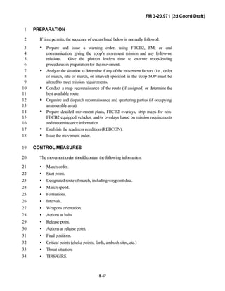 FM 3-20.971 (2d Coord Draft)
5-47
PREPARATION1
If time permits, the sequence of events listed below is normally followed:2
• Prepare and issue a warning order, using FBCB2, FM, or oral3
communication, giving the troop’s movement mission and any follow-on4
missions. Give the platoon leaders time to execute troop-leading5
procedures in preparation for the movement.6
• Analyze the situation to determine if any of the movement factors (i.e., order7
of march, rate of march, or interval) specified in the troop SOP must be8
altered to meet mission requirements.9
• Conduct a map reconnaissance of the route (if assigned) or determine the10
best available route.11
• Organize and dispatch reconnaissance and quartering parties (if occupying12
an assembly area).13
• Prepare detailed movement plans, FBCB2 overlays, strip maps for non-14
FBCB2 equipped vehicles, and/or overlays based on mission requirements15
and reconnaissance information.16
• Establish the readiness condition (REDCON).17
• Issue the movement order.18
CONTROL MEASURES19
The movement order should contain the following information:20
• March order.21
• Start point.22
• Designated route of march, including waypoint data.23
• March speed.24
• Formations.25
• Intervals.26
• Weapons orientation.27
• Actions at halts.28
• Release point.29
• Actions at release point.30
• Final positions.31
• Critical points (choke points, fords, ambush sites, etc.)32
• Threat situation.33
• TIRS/GIRS.34
 