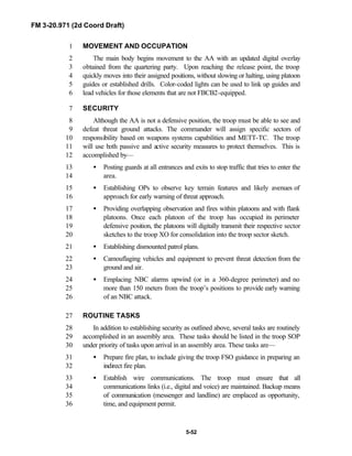 FM 3-20.971 (2d Coord Draft)
5-52
MOVEMENT AND OCCUPATION1
The main body begins movement to the AA with an updated digital overlay2
obtained from the quartering party. Upon reaching the release point, the troop3
quickly moves into their assigned positions, without slowing or halting, using platoon4
guides or established drills. Color-coded lights can be used to link up guides and5
lead vehicles for those elements that are not FBCB2-equipped.6
SECURITY7
Although the AA is not a defensive position, the troop must be able to see and8
defeat threat ground attacks. The commander will assign specific sectors of9
responsibility based on weapons systems capabilities and METT-TC. The troop10
will use both passive and active security measures to protect themselves. This is11
accomplished by—12
• Posting guards at all entrances and exits to stop traffic that tries to enter the13
area.14
• Establishing OPs to observe key terrain features and likely avenues of15
approach for early warning of threat approach.16
• Providing overlapping observation and fires within platoons and with flank17
platoons. Once each platoon of the troop has occupied its perimeter18
defensive position, the platoons will digitally transmit their respective sector19
sketches to the troop XO for consolidation into the troop sector sketch.20
• Establishing dismounted patrol plans.21
• Camouflaging vehicles and equipment to prevent threat detection from the22
ground and air.23
• Emplacing NBC alarms upwind (or in a 360-degree perimeter) and no24
more than 150 meters from the troop’s positions to provide early warning25
of an NBC attack.26
ROUTINE TASKS27
In addition to establishing security as outlined above, several tasks are routinely28
accomplished in an assembly area. These tasks should be listed in the troop SOP29
under priority of tasks upon arrival in an assembly area. These tasks are—30
• Prepare fire plan, to include giving the troop FSO guidance in preparing an31
indirect fire plan.32
• Establish wire communications. The troop must ensure that all33
communications links (i.e., digital and voice) are maintained. Backup means34
of communication (messenger and landline) are emplaced as opportunity,35
time, and equipment permit.36
 