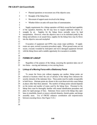 FM 3-20.971 (2d Coord Draft)
5-60
• Planned operations or movement out of the objective area.1
• Resupply of the linkup force.2
• Movement of support assets involved in the linkup.3
• Whether follow-on units will secure lines of communication.4
5
Supply requirements for a linkup operation will likely exceed the haul capability6
of the squadron; therefore, the S4 may have to request additional vehicles or7
resupply by air. Supplies for the linkup forces normally move by land8
transportation. However, when the objective area is to be defended jointly by the9
linkup and airborne or air assault force, supplies for the linkup force may be flown10
into the objective area and stockpiled.11
12
Evacuation of equipment and EPWs may create major problems. If supply13
routes are open, normal evacuation procedures apply. When ground routes are not14
secure, evacuate wounded by helicopters and move damaged equipment forward15
with the linkup forces until a suitable opportunity for evacuation is available.16
17
18
FORMS OF LINKUP19
20
Regardless of the purpose of the linkup, executing the operation takes one of21
two forms—moving and stationary or two moving forces.22
Linkup of a Moving Force with a Stationary Force23
24
To ensure the forces join without engaging one another, linkup points are25
selected at locations where the axis of advance of the linkup force intersects the26
security elements of the stationary force. These points must be readily recognizable27
to both forces. Alternate points are chosen in the event threat activities cause linkup28
at places other than those planned. The number of linkup points selected depends29
on the terrain and number of routes used by the linkup force. Personnel in the30
linkup force must be thoroughly familiar with mutual identification procedures and31
plans for rapid passage of lines. Stationary forces assist in the linkup; they open32
lanes in minefields, breach or remove selected obstacles, furnish guides, and design33
assembly areas. Use of FBCB2 enhances coordination and responsiveness34
between executing forces. (See Figure 5-22.)35
36
37
38
 