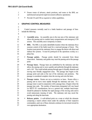 FM 3-20.971 (2d Coord Draft)
5-68
• Ensure routes of advance, attack positions, and routes to the BHL are1
unobstructed and permit rapid movement (offensive operations).2
• Provide CS and CSS as required or within capabilities.3
GRAPHIC CONTROL MEASURES4
5
Control measures normally used in a battle handover and passage of lines6
include the following:7
8
• Assembly area. An assembly area in the rear area of the stationary unit9
allows the passing unit to conduct hasty reorganization and emergency CSS10
actions. This assembly area is temporary in nature.11
• BHL. The BHL is an easily identifiable location where the stationary force12
assumes control of the battle (used for a rearward passage of lines). This13
location must permit the stationary force to engage the threat with direct and14
indirect fire systems. It must be portrayed on the operations overlay as a15
phase line.16
• Passage points. Passage points should be concealed from threat17
observation. Stationary unit guides may meet the passing unit at the passage18
point.19
• Passage lanes. Passage lanes are established by the stationary unit that20
allows the passing unit to move quickly and uniformly through the stationary21
unit’s AO. This could include passing through gaps in friendly obstacles and22
moving near friendly engagement areas. The passage lane begins at the23
passage point and ends at the rear of the stationary unit positions. The24
passage is considered complete when the moving unit exits the lanes.25
• Passage routes. Routes are not as restrictive as lanes. Routes allow a26
passing unit to move more rapidly through the stationary unit area. If a27
passage route is used in conjunction with a passage lane, it begins where the28
passage lane ends. The number of lanes/routes designated will vary based29
on METT-TC considerations, but as a general rule, multiple lanes/routes30
should be planned to facilitate the rapid passage of the moving units and to31
avoid unnecessary massing of units. The stationary unit may escort the32
passing unit along the lane/route.33
• Release points. A well-defined point on a route at which the elements34
composing a march column return under the authority of their respective35
commanders; each one of these elements continues its movement toward its36
own appropriate destination.37
 