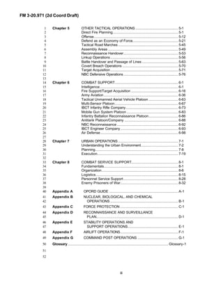 FM 3-20.971 (2d Coord Draft)
ii
Chapter 5 OTHER TACTICAL OPERATIONS ....................................... 5-11
Direct Fire Planning............................................................ 5-12
Offense............................................................................. 5-123
Defend as an Economy of Force.......................................... 5-214
Tactical Road Marches....................................................... 5-455
Assembly Areas ................................................................ 5-496
Reconnaissance Handover.................................................. 5-537
Linkup Operations.............................................................. 5-568
Battle Handover and Passage of Lines ................................. 5-639
Covert Breach Operations ................................................... 5-7010
Target Acquisition .............................................................. 5-7111
NBC Defensive Operations.................................................. 5-7612
13
Chapter 6 COMBAT SUPPORT.......................................................... 6-114
Intelligence........................................................................ 6-115
Fire Support/Target Acquisition ........................................... 6-1616
Army Aviation .................................................................... 6-3617
Tactical Unmanned Aerial Vehicle Platoon ........................... 6-6318
Multi-Sensor Platoon.......................................................... 6-6719
IBCT Infantry Rifle Company................................................ 6-7320
Mobile Gun System Platoon ............................................... 6-8321
Infantry Battalion Reconnaissance Platoon........................... 6-8622
Antitank Platoon/Company ................................................. 6-8823
NBC Reconnaissance ........................................................ 6-9224
IBCT Engineer Company..................................................... 6-9325
Air Defense ....................................................................... 6-9826
27
Chapter 7 URBAN OPERATIONS....................................................... 7-128
Understanding the Urban Environment.................................. 7-229
Planning............................................................................ 7-830
Execution.......................................................................... 7-1931
32
Chapter 8 COMBAT SERVICE SUPPORT........................................... 8-133
Fundamentals.................................................................... 8-134
Organization...................................................................... 8-635
Logistics ........................................................................... 8-1536
Personnel Service Support.................................................. 8-2837
Enemy Prisoners of War..................................................... 8-3238
39
Appendix A OPORD GUIDE ............................................................... A-140
Appendix B NUCLEAR, BIOLOGICAL, AND CHEMICAL41
OPERATIONS .............................................................. B-142
Appendix C FORCE PROTECTION ..................................................... C-143
Appendix D RECONNAISSANCE AND SURVEILLANCE44
PLAN........................................................................... D-145
Appendix E STABILITY OPERATIONS AND46
SUPPORT OPERATIONS.............................................. E-147
Appendix F AIRLIFT OPERATIONS..................................................... F-148
Appendix G COMMAND POST OPERATIONS ..................................... G-149
Glossary............................................................................................ Glossary-150
51
52
 