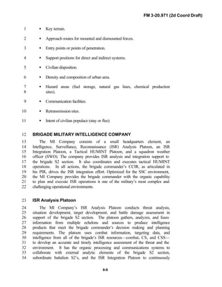 FM 3-20.971 (2d Coord Draft)
6-9
• Key terrain.1
• Approach routes for mounted and dismounted forces.2
• Entry points or points of penetration.3
• Support positions for direct and indirect systems.4
• Civilian disposition.5
• Density and composition of urban area.6
• Hazard areas (fuel storage, natural gas lines, chemical production7
sites).8
• Communication facilities.9
• Retransmission sites.10
• Intent of civilian populace (stay or flee).11
BRIGADE MILITARY INTELLIGENCE COMPANY12
The MI Company consists of a small headquarters element, an13
Intelligence, Surveillance, Reconnaissance (ISR) Analysis Platoon, an ISR14
Integration Platoon, a Tactical HUMINT Platoon, and a squadron weather15
officer (SWO). The company provides ISR analysis and integration support to16
the brigade S2 section. It also coordinates and executes tactical HUMINT17
operations. In all actions, the brigade commander’s CCIR, as articulated in18
his PIR, drives the ISR integration effort. Optimized for the SSC environment,19
the MI Company provides the brigade commander with the organic capability20
to plan and execute ISR operations in one of the military’s most complex and21
challenging operational environments.22
ISR Analysis Platoon23
The MI Company’s ISR Analysis Platoon conducts threat analysis,24
situation development, target development, and battle damage assessment in25
support of the brigade S2 section. The platoon gathers, analyzes, and fuses26
information from multiple echelons and sources to produce intelligence27
products that meet the brigade commander’s decision making and planning28
requirements. The platoon uses combat information, targeting data, and29
intelligence from all of the brigade’s ISR resources—combat, CS, and CSS—30
to develop an accurate and timely intelligence assessment of the threat and the31
environment. It has the organic processing and communications systems to32
collaborate with external analytic elements of the brigade S2 section,33
subordinate battalion S2’s, and the ISR Integration Platoon to continuously34
 
