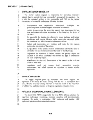 FM 3-20.971 (2d Coord Draft)
1-28
MORTAR SECTION SERGEANT1
The mortar section sergeant is responsible for providing responsive2
indirect fires to support the troop commander’s concept of the operation. He3
is also the principal advisor to the commander and FSO on the tactical4
employment of mortars. He performs the following functions:5
• Recommends task organization, employment techniques, and6
positioning of the mortars to support the scheme of maneuver.7
• Assists in developing the troop fire support plan; determines the best8
type and amount of mortar ammunition to fire, based on the factors of9
METT-TC.10
• Is responsible for training the platoon to ensure technical and tactical11
proficiency and combat lifesaver skills; cross-trains personnel within12
the platoon on key tasks to ensure continuous operations.13
• Selects and reconnoiters new positions and routes for the platoon;14
controls the movements of the section.15
• Keeps abreast of the enemy situation and locations of friendly units to16
ensure the best use of ammunition and the safety of friendly troops.17
• Supervises the execution of orders; ensures that priority targets are18
covered at all times; establishes the amount and type of ammunition19
set aside for priority targets.20
• Coordinates the fires and displacement of the mortar section with the21
action of other units.22
• Anticipates needs and ensures timely ammunition resupply,23
maintenance, and refuel requests are submitted to sustain combat24
operations.25
26
SUPPLY SERGEANT27
The supply sergeant picks up, transports, and issues supplies and28
equipment to the troop. He works closely with the 1SG to accomplish these29
tasks. He also evacuates enemy prisoners of war and assists in the evacuation30
of soldiers who are killed in action to the graves registration collection point.31
32
NUCLEAR, BIOLOGICAL, CHEMICAL (NBC) NCO33
The troop NBC NCO is responsible for troop NBC defense activities. He34
supervises radiological monitoring, chemical detection, and decontamination35
operations. He assists in maintaining NBC equipment and training NBC36
equipment operators and decontamination teams.37
38
 