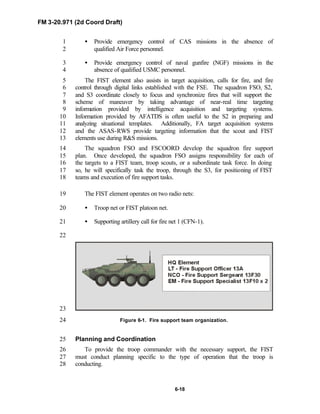 FM 3-20.971 (2d Coord Draft)
6-18
• Provide emergency control of CAS missions in the absence of1
qualified Air Force personnel.2
• Provide emergency control of naval gunfire (NGF) missions in the3
absence of qualified USMC personnel.4
The FIST element also assists in target acquisition, calls for fire, and fire5
control through digital links established with the FSE. The squadron FSO, S2,6
and S3 coordinate closely to focus and synchronize fires that will support the7
scheme of maneuver by taking advantage of near-real time targeting8
information provided by intelligence acquisition and targeting systems.9
Information provided by AFATDS is often useful to the S2 in preparing and10
analyzing situational templates. Additionally, FA target acquisition systems11
and the ASAS-RWS provide targeting information that the scout and FIST12
elements use during R&S missions.13
The squadron FSO and FSCOORD develop the squadron fire support14
plan. Once developed, the squadron FSO assigns responsibility for each of15
the targets to a FIST team, troop scouts, or a subordinate task force. In doing16
so, he will specifically task the troop, through the S3, for positioning of FIST17
teams and execution of fire support tasks.18
The FIST element operates on two radio nets:19
• Troop net or FIST platoon net.20
• Supporting artillery call for fire net 1 (CFN-1).21
22
23
Figure 6-1. Fire support team organization.24
Planning and Coordination25
To provide the troop commander with the necessary support, the FIST26
must conduct planning specific to the type of operation that the troop is27
conducting.28
 