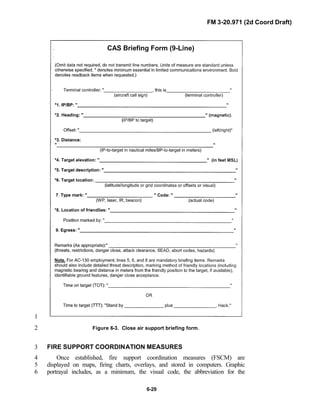 FM 3-20.971 (2d Coord Draft)
6-29
1
Figure 6-3. Close air support briefing form.2
FIRE SUPPORT COORDINATION MEASURES3
Once established, fire support coordination measures (FSCM) are4
displayed on maps, firing charts, overlays, and stored in computers. Graphic5
portrayal includes, as a minimum, the visual code, the abbreviation for the6
 