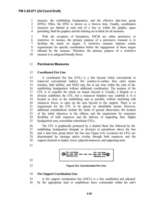 FM 3-20.971 (2d Coord Draft)
6-30
measure, the establishing headquarters, and the effective date-time group1
(DTG). Often, the DTG is shown as a from-to time. Usually, coordination2
measures are labeled at each end of a line or within the graphic, space3
permitting. Both the graphics and the lettering are in black for all measures.4
With the exception of boundaries, FSCM are either permissive or5
restrictive. In essence, the primary purpose of a permissive measure is to6
facilitate the attack on targets. A restrictive measure imposes certain7
requirements for specific coordination before the engagement of those targets8
affected by the measure. Therefore, the primary purpose of a restrictive9
measure is to safeguard friendly forces.10
Permissive Measures11
Coordinated Fire Line12
A coordinated fire line (CFL) is a line beyond which conventional or13
improved conventional indirect fire (surface-to-surface fires only) means14
(mortars, field artillery, and NGF) may fire at any time within the zone of the15
establishing headquarters without additional coordination. The purpose of the16
CFL is to expedite the attack on targets beyond it. Usually, a brigade or a17
division establishes the CFL, but a maneuver battalion may establish it. It is18
located as close to the establishing unit as possible, without interfering with19
maneuver forces, to open up the area beyond to fire support. There is no20
requirement for the CFL to be placed on identifiable terrain. However,21
additional considerations include the limits of ground observation, the location22
of the initial objectives in the offense, and the requirement for maximum23
flexibility of both maneuver and the delivery of supporting fires. Higher24
headquarters may consolidate subordinate CFLs.25
The CFL is graphically portrayed by a dashed black line followed by the26
establishing headquarters (brigade or division) in parentheses above the line27
and a date-time group below the line (see Figure 6-4). Locations for CFLs are28
disseminated by message and/or overlay through both maneuver and fire29
support channels to higher, lower, adjacent maneuver, and supporting units.30
31
32
Figure 6-4. Coordinated fire line.33
Fire Support Coordination Line34
A fire support coordination line (FSCL) is a line established and adjusted35
by the appropriate land or amphibious force commander within his unit’s36
 