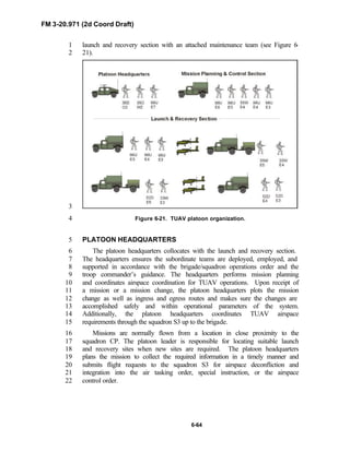 FM 3-20.971 (2d Coord Draft)
6-64
launch and recovery section with an attached maintenance team (see Figure 6-1
21).2
3
Figure 6-21. TUAV platoon organization.4
PLATOON HEADQUARTERS5
The platoon headquarters collocates with the launch and recovery section.6
The headquarters ensures the subordinate teams are deployed, employed, and7
supported in accordance with the brigade/squadron operations order and the8
troop commander’s guidance. The headquarters performs mission planning9
and coordinates airspace coordination for TUAV operations. Upon receipt of10
a mission or a mission change, the platoon headquarters plots the mission11
change as well as ingress and egress routes and makes sure the changes are12
accomplished safely and within operational parameters of the system.13
Additionally, the platoon headquarters coordinates TUAV airspace14
requirements through the squadron S3 up to the brigade.15
Missions are normally flown from a location in close proximity to the16
squadron CP. The platoon leader is responsible for locating suitable launch17
and recovery sites when new sites are required. The platoon headquarters18
plans the mission to collect the required information in a timely manner and19
submits flight requests to the squadron S3 for airspace deconfliction and20
integration into the air tasking order, special instruction, or the airspace21
control order.22
 