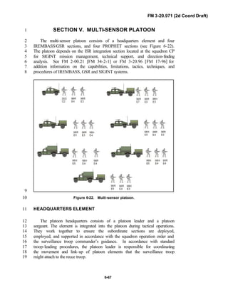 FM 3-20.971 (2d Coord Draft)
6-67
SECTION V. MULTI-SENSOR PLATOON1
The multi-sensor platoon consists of a headquarters element and four2
IREMBASS/GSR sections, and four PROPHET sections (see Figure 6-22).3
The platoon depends on the ISR integration section located at the squadron CP4
for SIGINT mission management, technical support, and direction-finding5
analysis. See FM 2-00.21 [FM 34-2-1] or FM 3-20.96 [FM 17-96] for6
addition information on the capabilities, limitations, tactics, techniques, and7
procedures of IREMBASS, GSR and SIGINT systems.8
9
Figure 6-22. Multi-sensor platoon.10
HEADQUARTERS ELEMENT11
The platoon headquarters consists of a platoon leader and a platoon12
sergeant. The element is integrated into the platoon during tactical operations.13
They work together to ensure the subordinate sections are deployed,14
employed, and supported in accordance with the squadron operation order and15
the surveillance troop commander’s guidance. In accordance with standard16
troop-leading procedures, the platoon leader is responsible for coordinating17
the movement and link-up of platoon elements that the surveillance troop18
might attach to the recce troop.19
 