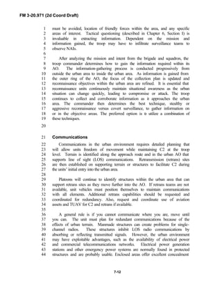 FM 3-20.971 (2d Coord Draft)
7-12
must be avoided, location of friendly forces within the area, and any specific1
areas of interest. Tactical questioning (described in Chapter 6, Section I) is2
invaluable in extracting information. Dependent on the mission and3
information gained, the troop may have to infiltrate surveillance teams to4
observe NAIs.5
6
After analyzing the mission and intent from the brigade and squadron, the7
troop commander determines how to gain the information required within its8
AO. The information-gathering process is conducted progressively from9
outside the urban area to inside the urban area. As information is gained from10
the outer ring of the AO, the focus of the collection plan is updated and11
reconnaissance objectives within the urban area are refined. It is essential that12
reconnaissance units continuously maintain situational awareness as the urban13
situation can change quickly, leading to compromise or attack. The troop14
continues to collect and corroborate information as it approaches the urban15
area. The commander then determines the best technique, stealthy or16
aggressive reconnaissance versus covert surveillance, to gather information on17
or in the objective areas. The preferred option is to utilize a combination of18
these techniques.19
20
Communications21
Communications in the urban environment requires detailed planning that22
will allow units freedom of movement while maintaining C2 at the troop23
level. Terrain is identified along the approach route and in the urban AO that24
supports line of sight (LOS) communications. Retransmission (retrans) sites25
are then established on supporting terrain or structures to facilitate C2 during26
the units’ initial entry into the urban area.27
28
Platoons will continue to identify structures within the urban area that can29
support retrans sites as they move further into the AO. If retrans teams are not30
available, unit vehicles must position themselves to maintain communications31
with all elements. Additional retrans capabilities should be requested and32
coordinated for redundancy. Also, request and coordinate use of aviation33
assets and TUAV for C2 and retrans if available.34
35
A general rule is if you cannot communicate where you are, move until36
you can. The unit must plan for redundant communications because of the37
effects of urban terrain. Manmade structures can create problems for single-38
channel radios. These structures inhibit LOS radio communications by39
absorbing or reflecting transmitted signals. However, the urban environment40
may have exploitable advantages, such as the availability of electrical power41
and commercial telecommunications networks. Electrical power generation42
stations and other emergency power systems are normally found in protected43
structures and are probably usable. Enclosed areas offer excellent concealment44
 