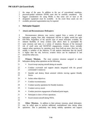 FM 3-20.971 (2d Coord Draft)
7-14
the range of the guns. In addition to the use of conventional munitions,1
precision-guided munitions (PGM) must also be carefully considered. The2
biggest consideration for using PGMs is that some sort of laser or IR3
designator equipment must be available. In the event these assets are not4
available, personnel augmentation may be required.5
Helicopter Support6
Attack and Reconnaissance Helicopters7
Reconnaissance platoons may receive support from a variety of attack8
helicopters ranging from fully modernized AH-64s to lightly armed but agile9
OH-58Ds. Regardless of the specific type of attack helicopter available, the10
inherent flexibility of Army aviation units allows them to accomplish the11
same missions and tasks in a variety of situations. Because of the increased12
risk of small arms and MANPAD engagements, aviation forces normally13
support urban operations by operating away from built-up areas; their key role14
usually is isolation of the objective. If risk analysis determines that the payoff15
is higher than the risk, however, aviation forces can be employed in and16
around the urban area.17
18
Primary Missions. The most common missions assigned to attack19
helicopters during urban operations are the following:20
• Escort troop-carrying aircraft during air assaults.21
• Conduct overwatch and support attacks integrated with the ground22
commander’s maneuver.23
• Interdict and destroy threat armored vehicles moving against friendly24
forces.25
• Isolate urban objectives.26
• Conduct reconnaissance.27
• Conduct security operations for friendly locations.28
• Conduct convoy escort.29
• Conduct precision engagement of hardened point targets.30
• Participate in show of force operations.31
• Escort mission aircraft during NEOs.32
33
Other Missions. In addition to their primary missions, attack helicopters34
may be called upon to perform additional, nontraditional roles during urban35
operations. This is particularly true during stability operations and support36
 