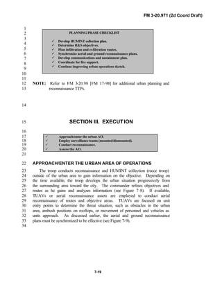 FM 3-20.971 (2d Coord Draft)
7-19
1
2
3
4
5
6
7
8
9
10
11
NOTE: Refer to FM 3-20.98 [FM 17-98] for additional urban planning and12
reconnaissance TTPs.13
14
SECTION III. EXECUTION15
16
P Approach/enter the urban AO.17
P Employ surveillance teams (mounted/dismounted).18
P Conduct reconnaissance.19
P Assess the AO.20
21
APPROACH/ENTER THE URBAN AREA OF OPERATIONS22
The troop conducts reconnaissance and HUMINT collection (recce troop)23
outside of the urban area to gain information on the objective. Depending on24
the time available, the troop develops the urban situation progressively from25
the surrounding area toward the city. The commander refines objectives and26
routes as he gains and analyzes information (see Figure 7-8). If available,27
TUAVs or aerial reconnaissance assets are employed to conduct aerial28
reconnaissance of routes and objective areas. TUAVs are focused on unit29
entry points to determine the threat situation, such as obstacles in the urban30
area, ambush positions on rooftops, or movement of personnel and vehicles as31
units approach. As discussed earlier, the aerial and ground reconnaissance32
plans must be synchronized to be effective (see Figure 7-9).33
34
PLANNING PHASE CHECKLIST
ü Develop HUMINT collection plan.
ü Determine R&S objectives.
ü Plan infiltration and exfiltration routes.
ü Synchronize aerial and ground reconnaissance plans.
ü Develop communications and sustainment plan.
ü Coordinate for fire support.
ü Continue improving urban operations sketch.
 